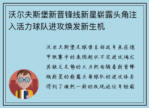 沃尔夫斯堡新晋锋线新星崭露头角注入活力球队进攻焕发新生机