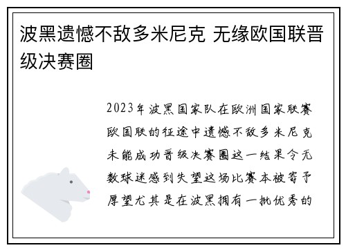 波黑遗憾不敌多米尼克 无缘欧国联晋级决赛圈